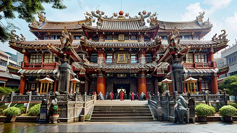 best quality, masterpiece, (((building))), photorealistic, big ornate Taiwanese temple paifang, taiwanese_temple