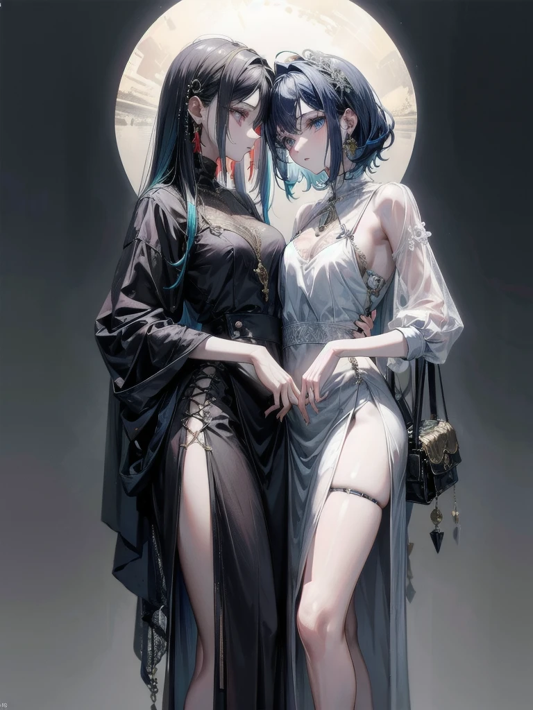whole body, 2 girls, shirt and skirt, absurdres, RAW photo, extremely delicate and beautiful, masterpiece, Best Quality, ultra high resolution, 32k, hyperrealistic, ultra-detailed, perfect figure, detailed description, pale skin, 20 years old, detailed beautiful face and eyes, tearful mole, earring, short medium hair, wavy hair, colored inner hair,