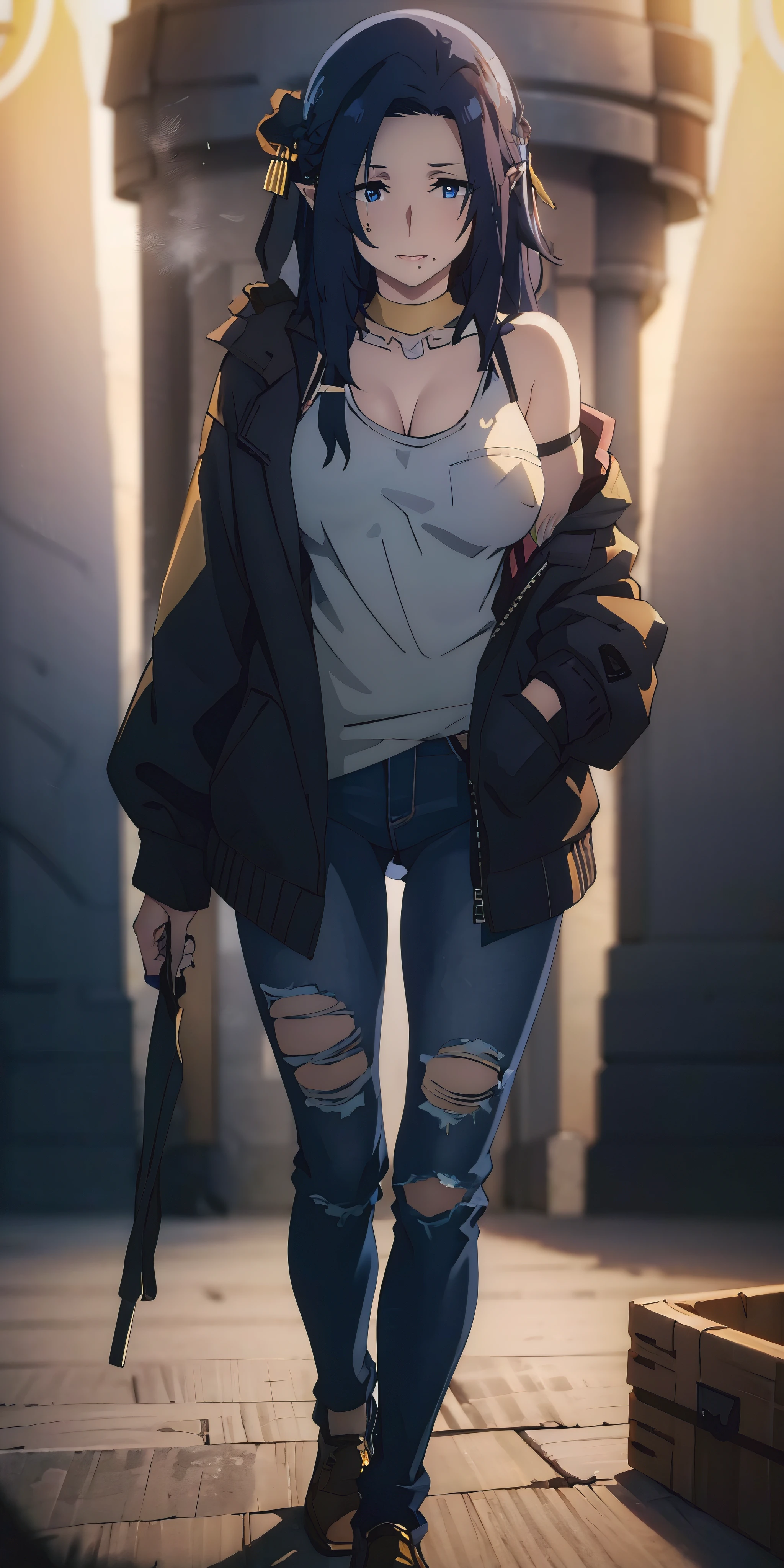 long hair, dark-blue hair, dark-blue eyes, pointy ears, curvy, anatomically correct, heavy breathing, huge breasts, torn_clothes, torn_pants, torn_jeans, pants, denim, jeans, 1girl, jacket, blurry, hand in pocket, black_jacket, torn_shirt, solo, torn_legwear, standing, depth_of_field, tank_top, blurry_background, looking_at_viewer, outdoors, city, "Photorealistic, Hyperrealistic, Hyperdetailed, analog style, soft lighting, subsurface scattering, realistic, heavy shadow, masterpiece, best quality, ultra realistic, 8k, golden ratio, Intricate, High Detail, film photography, soft focus", (shaded face:1.2), hollow eyes, dark-blue eyes, looking at viewer, (heavy breathing:1.2), smirk, upper teeth, lips, steaming face, nsfw, nsfw art