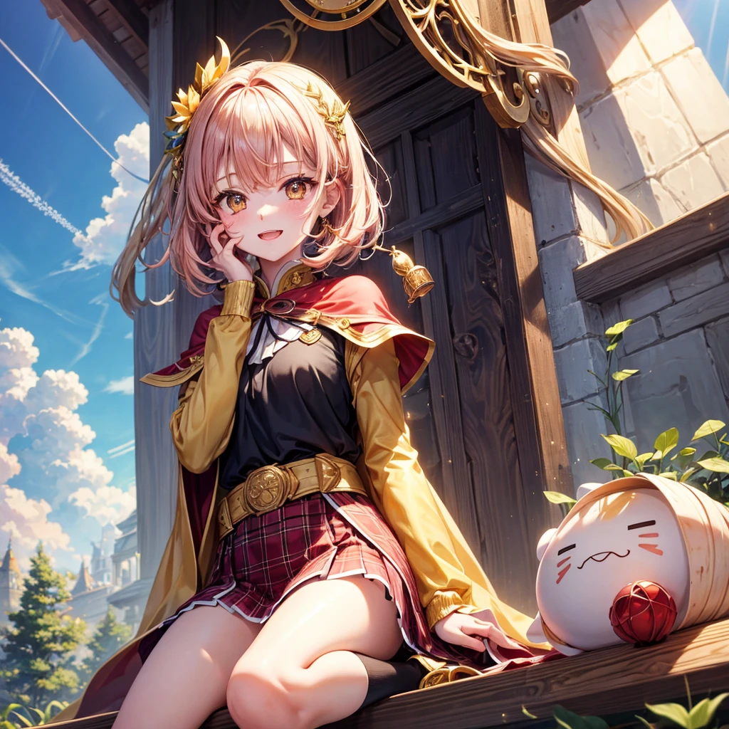 Pink gold golden hair、Golden Eyes、One good looking girl、solo、anime、Checkered mini skirt、Ruffles on the skirt、Red T-shirt、Cape、Gothic、Black knee-high socks、Wearing a ribbon、Ribbon on waist、Tilting face、Teeth are visible、Sunset sky、Piercing the clouds、Contrail、tree、Touching your face、lotus leaves、Cumulonimbus、Pillar of Light、Magic wand、Sitting on a golden treasure chest