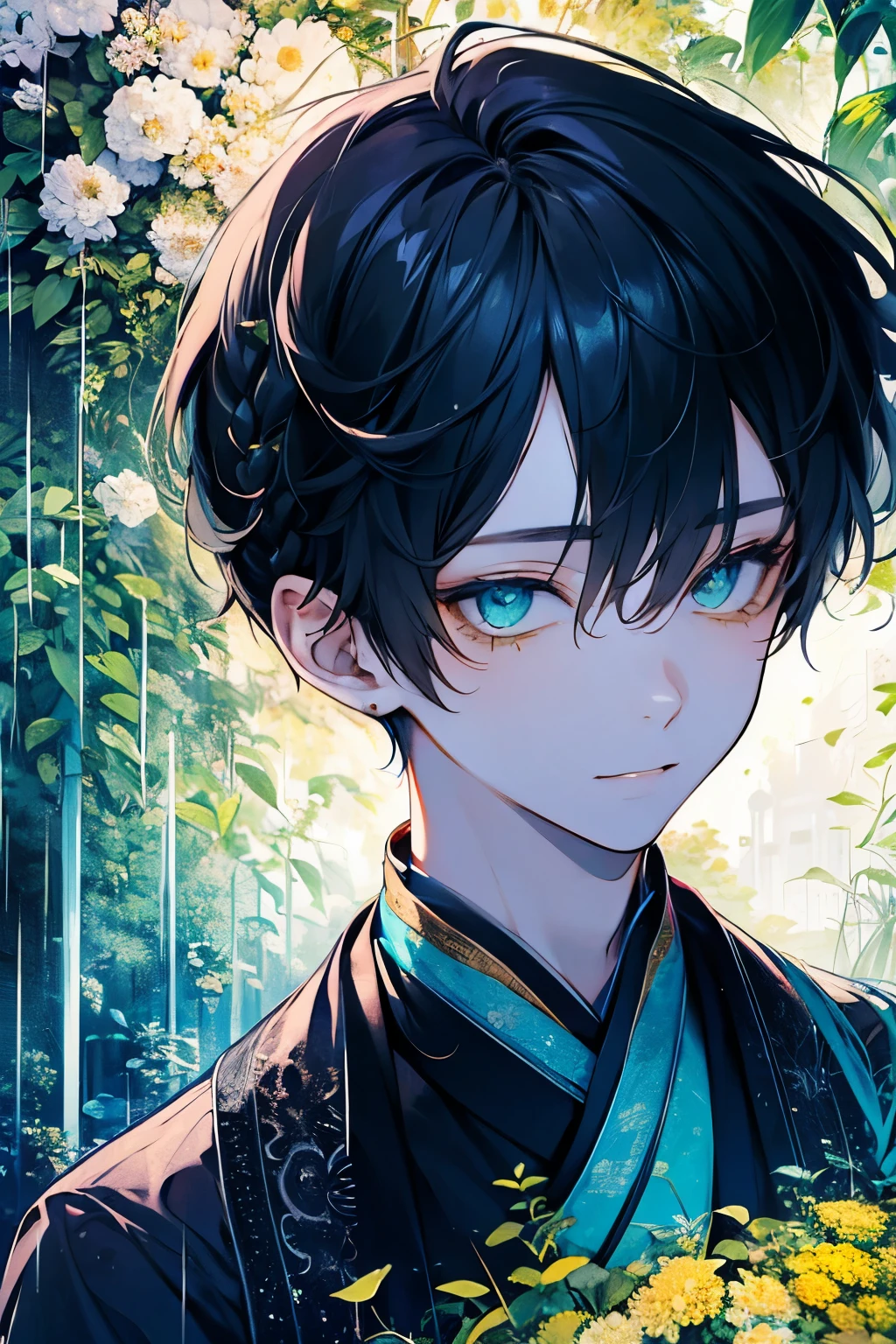 ((17years old man:1.2)),tazune rirei, masterpiece, best quality, braid hair, black hair, (portrait), shiny aqua eyes, white hanfu dress, rainy, garden, bokeh, outdoors, embarrassed,(close mouth), perfect hands,(yellow),looking front