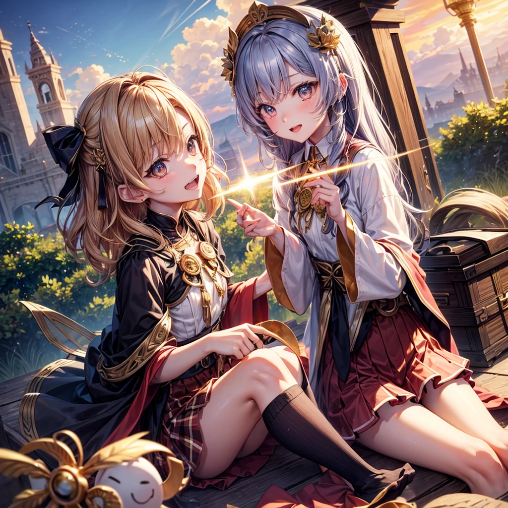 Pink gold golden hair、Golden Eyes、One good looking girl、solo、anime、Checkered mini skirt、Ruffles on the skirt、Red T-shirt、Cape、Gothic、Black knee-high socks、Wearing a ribbon、Ribbon on waist、Tilting face、Teeth are visible、Sunset sky、Piercing the clouds、Contrail、tree、Touching your face、lotus leaves、Cumulonimbus、Pillar of Light、Magic wand、Sitting on a golden treasure chest