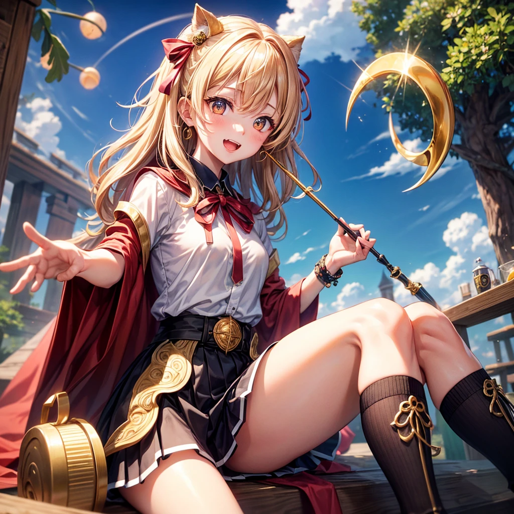 Pink gold golden hair、Golden Eyes、One good looking girl、solo、anime、Checkered mini skirt、Ruffles on the skirt、Red T-shirt、Cape、Gothic、Black knee-high socks、Wearing a ribbon、Ribbon on waist、Tilting face、Teeth are visible、Sunset sky、Piercing the clouds、Contrail、tree、Touching your face、lotus leaves、Cumulonimbus、Pillar of Light、Magic wand、Sitting on a golden treasure chest