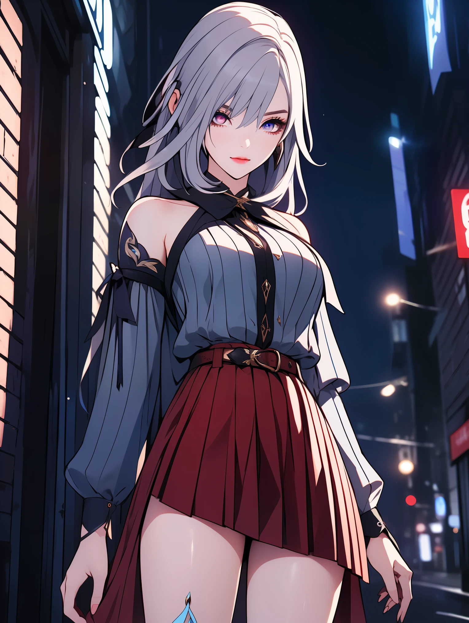 SkirkGI, red eyes, long hair, white hair, blue hair, hair ornament,
BREAK ((shirt, long sleeves, dress, ribbon, white shirt, collared shirt, belt, neck ribbon, red dress, blue ribbon, pleated dress, grey dress:1.5))
BREAK view from below, morning city, street,
BREAK (masterpiece:1.2), best quality, high resolution, unity 8k wallpaper, (illustration:0.8), (beautiful detailed eyes:1.6), extremely detailed face, perfect lighting, extremely detailed CG, (perfect hands, perfect anatomy),