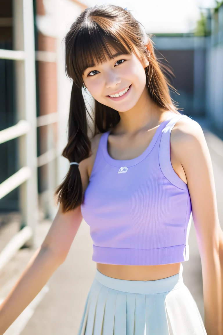 Lens 135mm f1.8, (highest quality),(RAW photo), , (Beautiful 16 year old Japanese girl), cute face, (deeply carved face:0.7), (freckles:0.6), ,dramatic , (japanese school (croptop) light_purple tanktop), (inside the school), shy, low twintails, , (smile),, (sparkling eyes)、(standing), body forward, Facing forward、