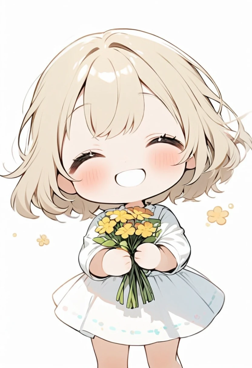 ((cute, chibi)) 1girl, solo, girl holding flowers, big smile, facing viewer, ((no background, plain white))