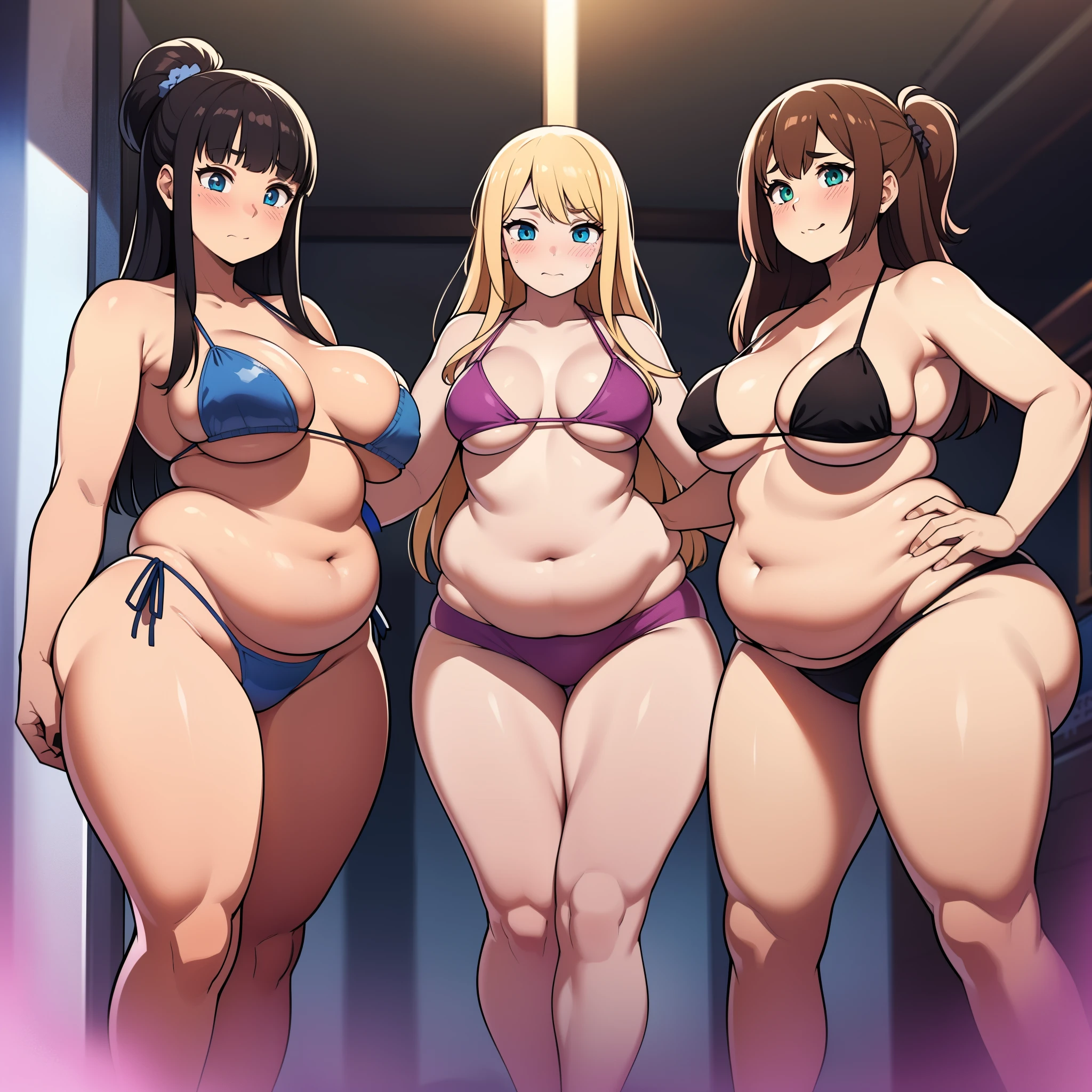 ((highres)), Masterpiece, high quality, best quality, beautiful, perfect lighting, detailed face, ultra cute face, embarrassed, ((blush)), (((3girls))), one girl has blonde hair, blue eyes, bikini, skindentation, one girl has brown hair, green eyes, bikini, one girl has, Short black hair, brown eyes, bikini, full body, fast food restaurant, cleavage, medium breasts, ((wide hips)), ((thick thighs)), ((plump)), chubby belly, fat folds, belly hang, ((belly grab)), sexually suggestive, standing, touching each other,