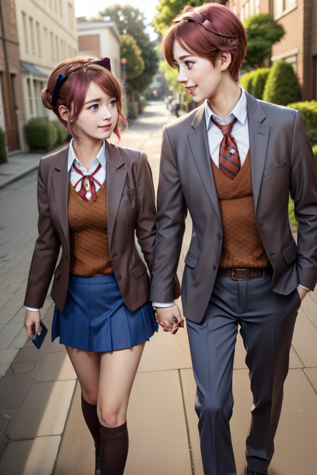 masterpiece, best quality, realistic, 2others, couple, 1man with 1woman, Height difference, happy, love, smile, 1 boy, highschool boy, brown hair, brown eyes, , blazer, brown sweater, collared shirt, neck tie, blue trousers, 1 girl, highschool girl, sayori, blue eyes, pink hair, hair bow, red bow, , blazer, brown sweater, collared shirt, neck ribbon, blue skirt, street, holding hands, standing, fullbody, day, sunlight