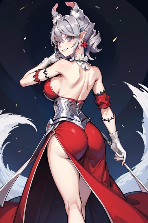 High level image quality best image quality 8K adult woman whole body view portrait red long gloves(elbow gloves) red long dress(slit) wolf ears short hair((shortcut)(gray hair)(perm)(fluffy)) eye color is blue attractive evil face , face detail , smile , sexy pose , labrynth , erotic standing styles , view from behind , view legs lifted ,