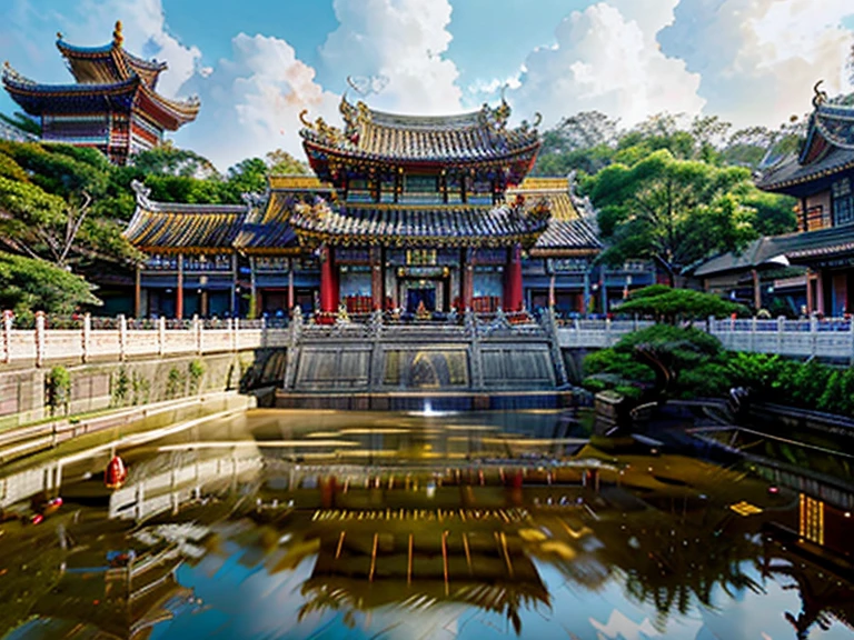 best quality, masterpiece, (((building))), photorealistic, very big colorful Taiwanese hokkien temple paifang, taiwanese_temple