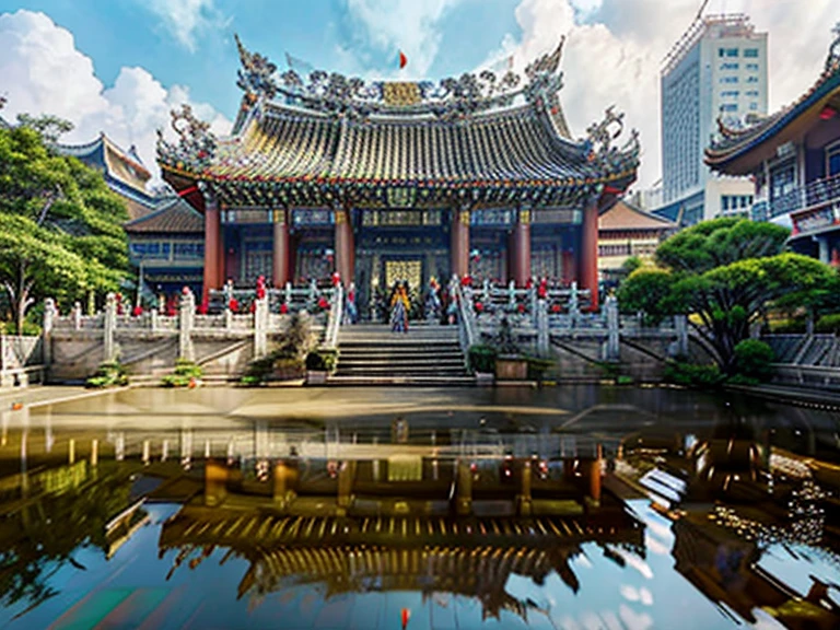 best quality, masterpiece, (((building))), photorealistic, very big colorful Taiwanese hokkien temple paifang, taiwanese_temple