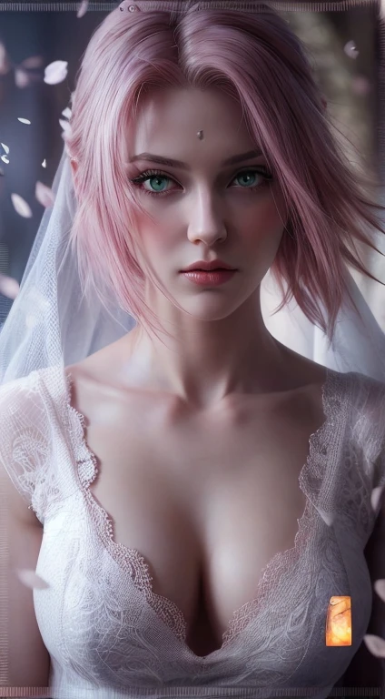 young woman, short shoulder-length pink hair, wide forehead, porcelain skin, pink eyebrows, big emerald green eyes, buttoned nose, full lips, heart-shaped face, slender body, small breasts, red tank top, Sakura Haruno , realistic, realism, details, 3d, well detailed