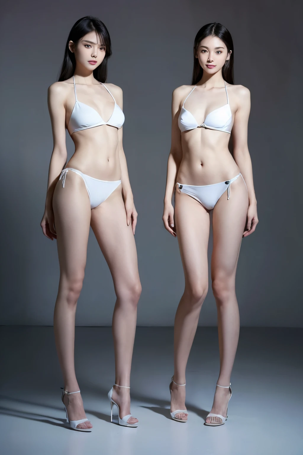 (highest quality, HD masterpiece: 1.3), concentrated: 1.2,((((Both of them stand with their legs apart)))),(Asian),((Bare legs)),((They are both the same height)),((Two beauties with perfect supermodel style: 1.2)), Super thin waist: 1.2, Thin buttocks,(Both of them are wearing white summer micro bikinis.: 1.1), ( Extremely sexy micro bikini for cosplay）,(Extreme exposure), Open the navel,完璧なSuper thin thighs: 1.2),Highly detailed face and skin texture,((整ったBoth eyes)),Beautiful nose, fine 目, double eyelid, People with white skin Japan, smile: 1.2, happiness: 1.2, teeth, tongue, Both eyes, Lip gloss, Ultra-Realistic Details, Wide Lighting, Natural Shadows,(((((Both of them take full body shots: 1.8))))),(((Both of them have an inseam that is more than half their height.))),(Very small hips),((２Both people have extremely thin legs)),Large firm breasts, Super long thighs,(Super thin thighs),(Super slim calves),(Skinny thighs),((Small Ass)),Super muscular body,Super toned waist,More emphasis on the abdominal muscles，((Both of them are muscular and have clearly defined six pack abs.)),Super thin waist,((White high heels)),(tall),(((Both of them are extremely exposed.))),lengthen limbs，((Both are Japanese high school girls.)),(The background is a girls&#39; high school classroom.),The background is a classroom with rows of desks.,((15 years old)))，Round eyes，(Beautiful nose),Hands on hips,Both of them face forward，(((Both of you should face your whole body straight ahead.))),Super long arms,Thin hands,(Both of them are extremely slim)，(Long black hair),((Both of them stand up straight.)),((Japanese face)),顔のBoth eyesと鼻と口のバランスが綺麗に整っている,Both eyesが綺麗な自然体,Beautiful natural nose,(Keep your hips facing forward),Both of them are beautiful with a 9-head body proportion.,Very thin ankles,The arms are very slender and muscular,The legs are super slender and muscular,Make your arms thinner,Super slim and muscular legs,Both of them have super long legs.,The middle of the thighs are very thin,Super muscular and extremely slim calves,Super muscular and slim thighs,Very tight waist,(Both of them have an inseam that is more than half their height.の美脚),Extremely thin thighs,(Both of them are wearing extreme summer micro bikini swimsuits.),Fine skin,Firm skin,(((Both of them should fit from the top of their heads to the toes of their heels.))),(((Both of them have super slim legs))),(((Both of them have amazingly slim figures.))),Both of them have super slim and muscular legs.,(Asian離れした超tall),Cute Girls,((Low - Angle)),(Nipples are visible through the),(The cleft in the crotch can be seen through),information