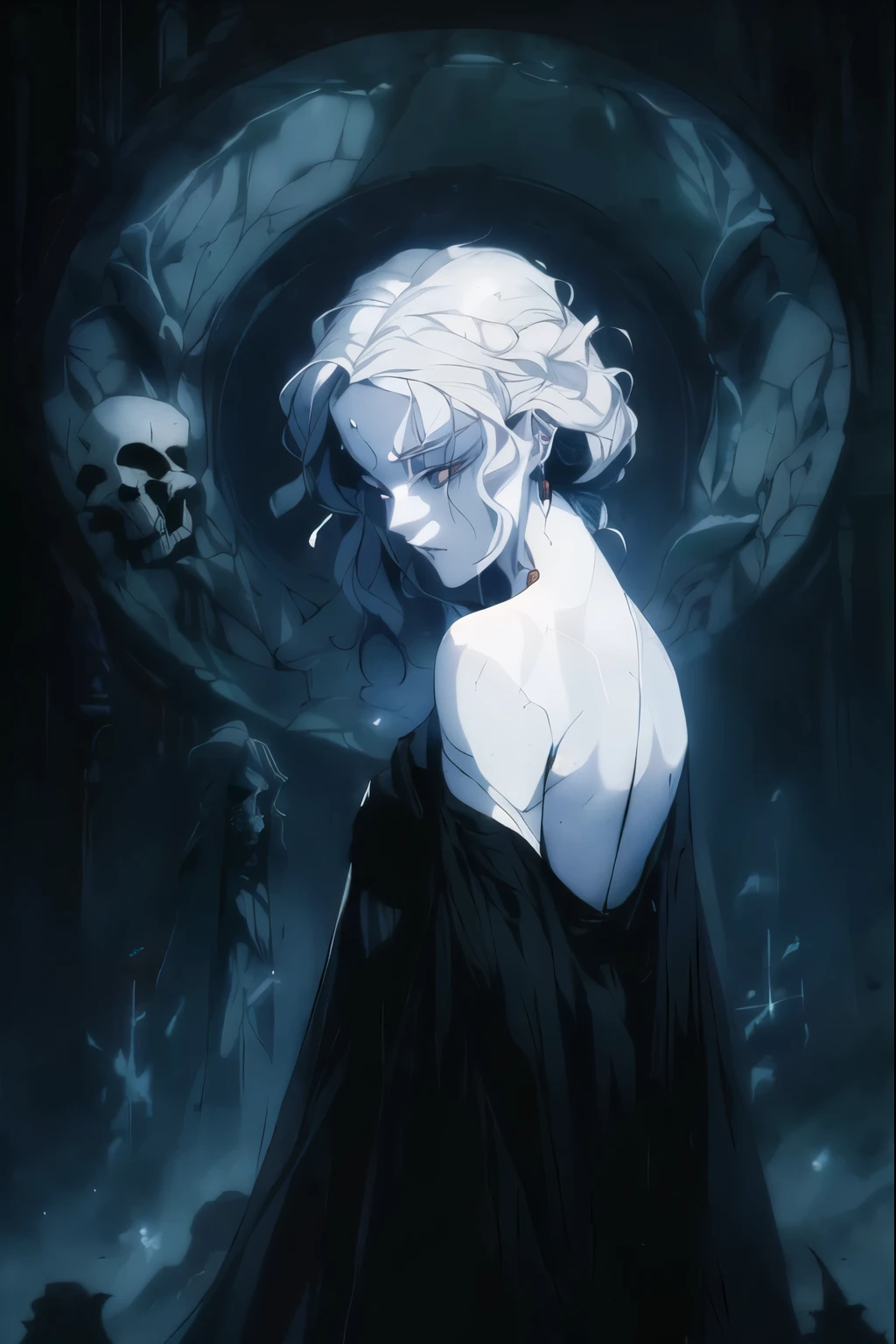 A Renaissance-style, full-body character design of A woman with ethereal beauty, beautiful but terrifying, with totally white eyes, ashy white hair, pale skin, wearing a black robe surrounded by a black aura and carrying the sickle of death, her presence gives a shiver.