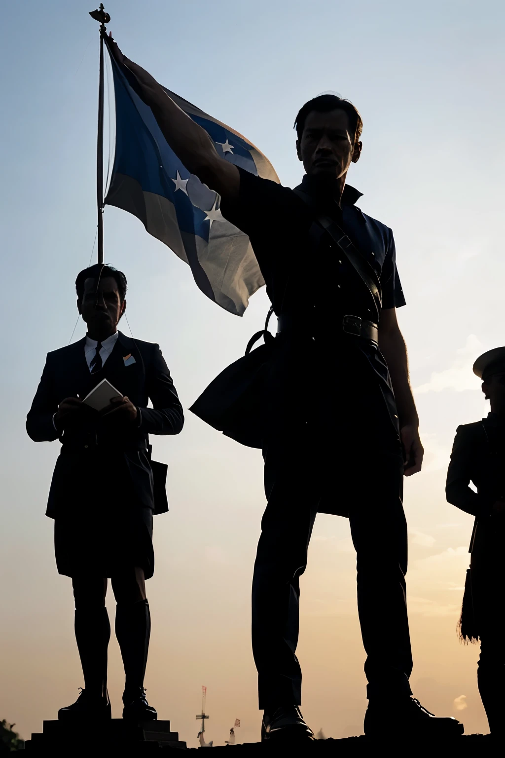 Silhoutte of a man proudly holding a flag and a book. Standing like a statue with a background of historical event of the philippines,for  rizal