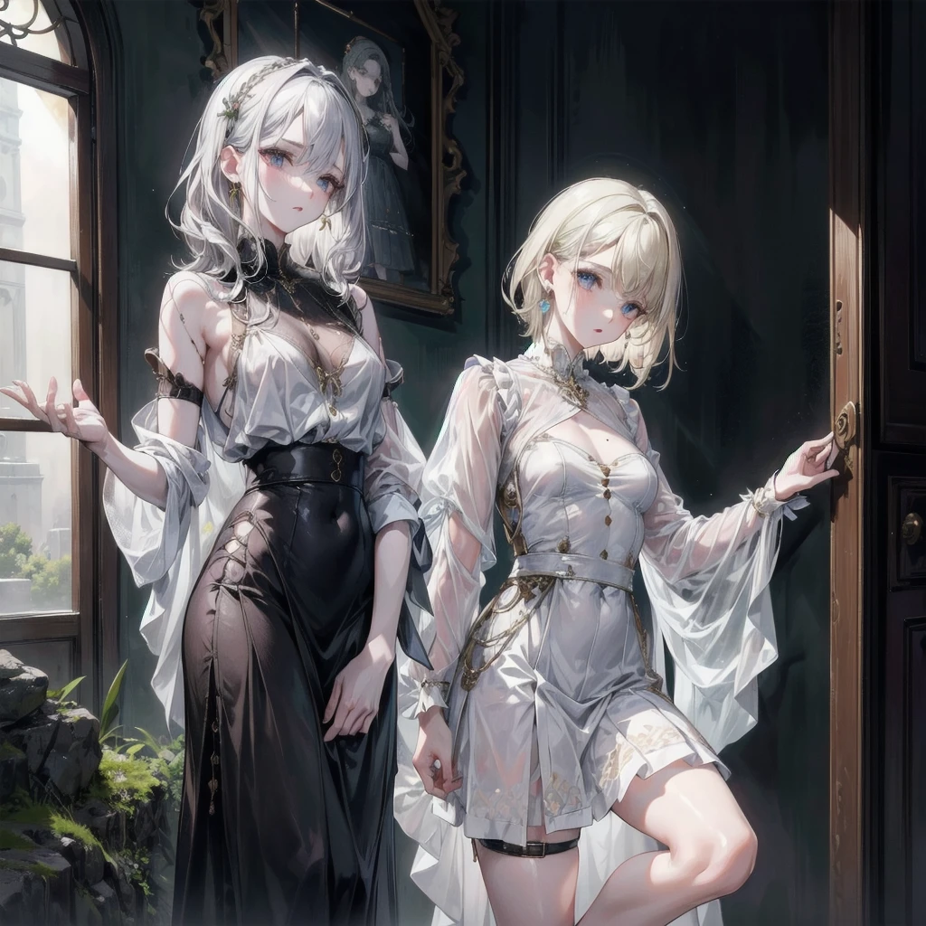 whole body, 2 girls, shirt and skirt, absurdres, RAW photo, extremely delicate and beautiful, masterpiece, Best Quality, ultra high resolution, 32k, hyperrealistic, ultra-detailed, perfect figure, detailed description, pale skin, 20 years old, detailed beautiful face and eyes, tearful mole, earring, short medium hair, wavy hair,