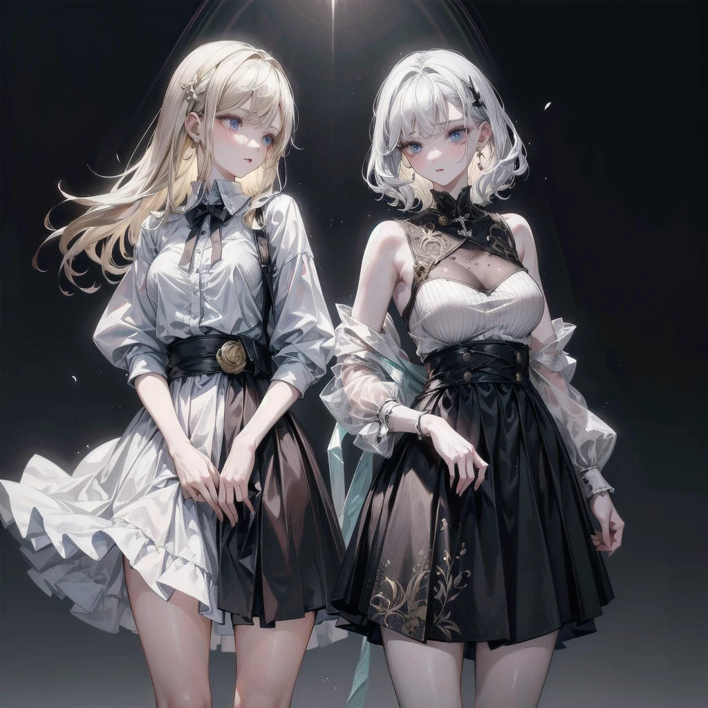 whole body, 2 girls, shirt and skirt, absurdres, RAW photo, extremely delicate and beautiful, masterpiece, Best Quality, ultra high resolution, 32k, hyperrealistic, ultra-detailed, perfect figure, detailed description, pale skin, 20 years old, detailed beautiful face and eyes, tearful mole, earring, short medium hair, wavy hair, 