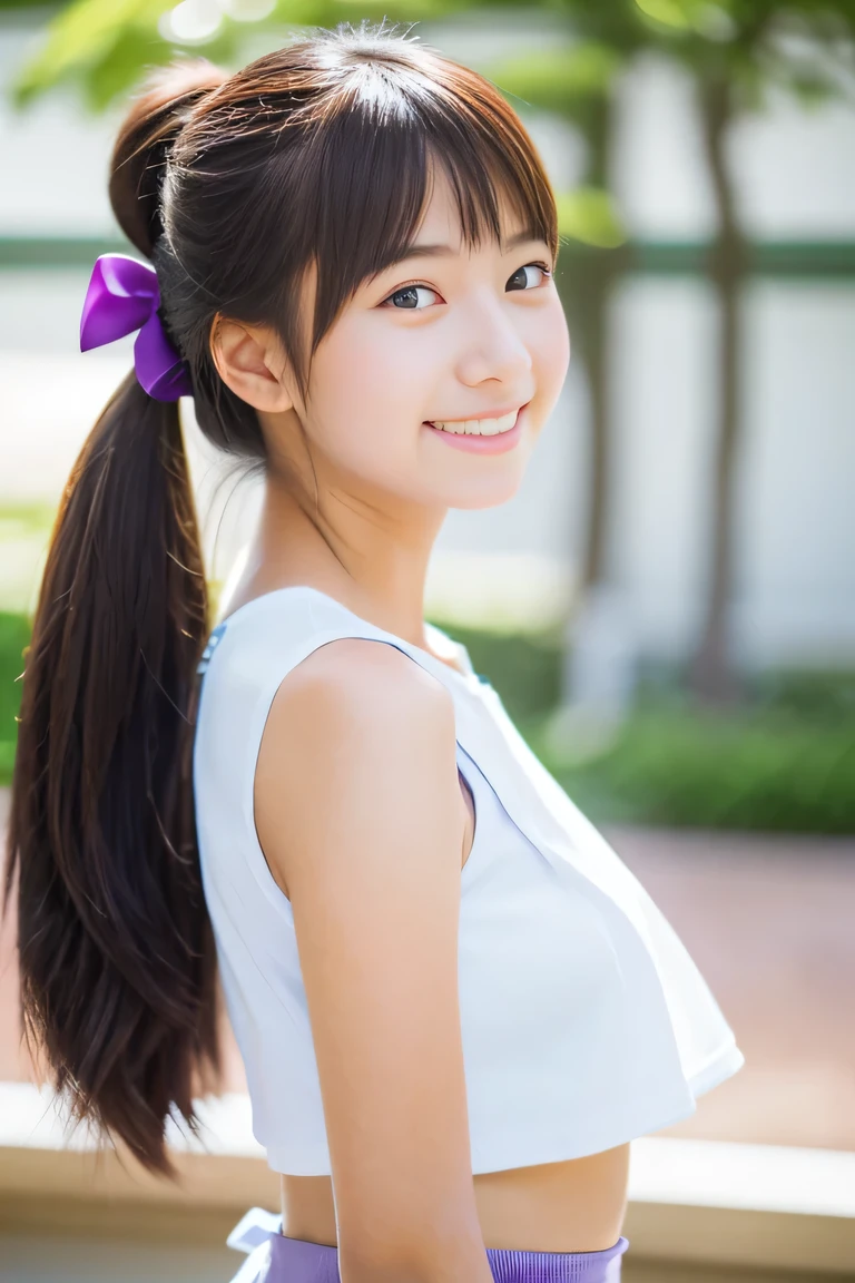 Lens 135mm f1.8, (highest quality),(RAW photo), , (Beautiful Japanese girl), cute face, (deeply carved face:0.7), (freckles:0.6), ,dramatic , (japanese school (croptop) light_redpurple tanktop), (inside the school), shy, low twintails, , (smile),, (sparkling eyes)、(standing), body forward, Facing forward、