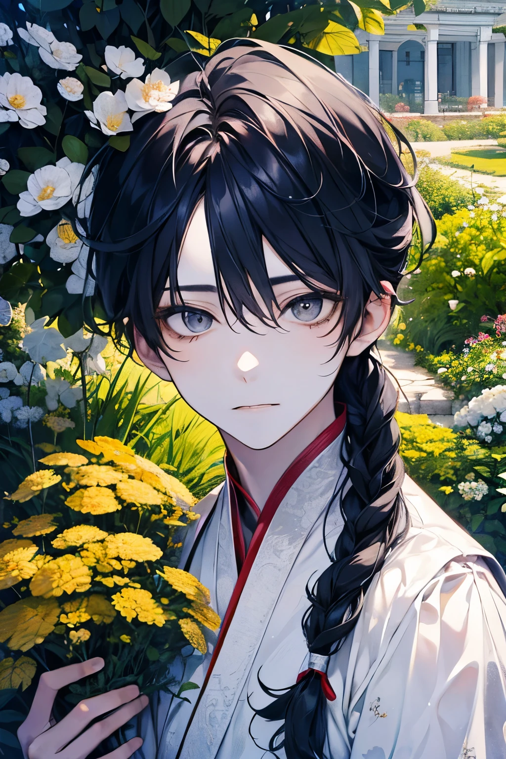 ((17years old man:1.2)),tazune rirei, masterpiece, best quality, braid hair, black hair, (portrait), shiny gray eyes, white hanfu dress, garden, bokeh, outdoors, embarrassed,(close mouth), perfect hands,(yellow),looking front