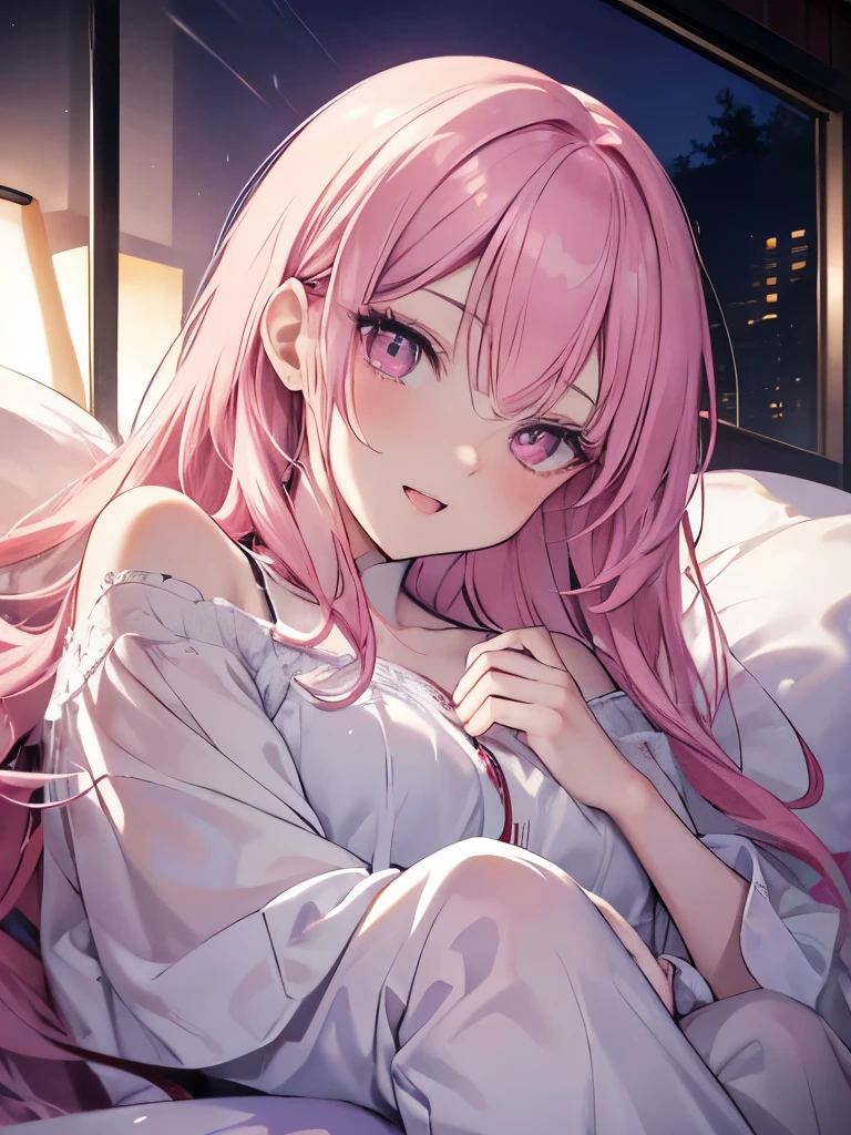 masutepiece, Highest Quality, (Perfect face:1.1), (high detailing:1.1), (ultradetailed eyes),Dramatic, superfine illustration, Extremely detailed,1girl in, teenager,(pale skin), Happy, Laugh, Enjoy, long pinkhair,gloweyes,pink eyes,Ethereal eyes,open mouth,smile,Solo,Pouty lips,Cinematic lighting,cowboy shot,looking for viewer,pajamas,sleeping,indoor, bedroom,lying prone,(midnight:1.4)