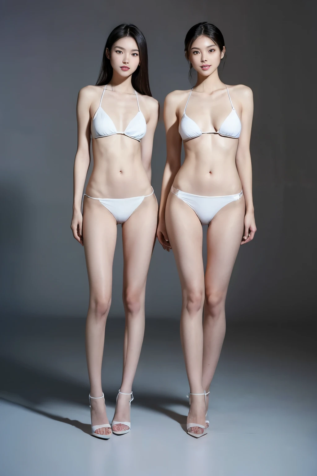 (highest quality, HD masterpiece: 1.3), concentrated: 1.2,((((Both of them stand with their legs apart)))),(Asian),((Bare legs)),((They are both the same height)),((Two beauties with perfect supermodel style: 1.2)), Super thin waist: 1.2, Thin buttocks,(Both of them are wearing white summer micro bikinis.: 1.1), ( Extremely sexy micro bikini for cosplay）,(Extreme exposure), Open the navel,完璧なSuper thin thighs: 1.2),Highly detailed face and skin texture,((整ったBoth eyes)),Beautiful nose, fine 目, double eyelid, People with white skin Japan, smile: 1.2, happiness: 1.2, teeth, tongue, Both eyes, Lip gloss, Ultra-Realistic Details, Wide Lighting, Natural Shadows,(((((Both of them take full body shots: 1.8))))),(((Both of them have an inseam that is more than half their height.))),(Very small hips),((２Both people have extremely thin legs)),Large firm breasts, Super long thighs,(Super thin thighs),(Super slim calves),(Skinny thighs),((Small Ass)),Super muscular body,Super toned waist,More emphasis on the abdominal muscles，((Both of them are muscular and have clearly defined six pack abs.)),Super thin waist,((White high heels)),(tall),(((Both of them are extremely exposed.))),lengthen limbs，((Both are Japanese high school girls.)),(The background is a girls&#39; high school classroom.),The background is a classroom with rows of desks.,(()))，Round eyes，(Beautiful nose),Hands on hips,Both of them face forward，(((Both of you should face your whole body straight ahead.))),Super long arms,Thin hands,(Both of them are extremely slim)，(Long black hair),((Both of them stand up straight.)),((Japanese face)),顔のBoth eyesと鼻と口のバランスが綺麗に整っている,Both eyesが綺麗な自然体,Beautiful natural nose,(Keep your hips facing forward),Both of them are beautiful with a 9-head body proportion.,Very thin ankles,The arms are very slender and muscular,The legs are super slender and muscular,Make your arms thinner,Super slim and muscular legs,Both of them have super long legs.,The middle of the thighs are very thin,Super muscular and extremely slim calves,Super muscular and slim thighs,Very tight waist,(Both of them have an inseam that is more than half their height.の美脚),Extremely thin thighs,(Both of them are wearing extreme summer micro bikini swimsuits.),Fine skin,Firm skin,(((Both of them should fit from the top of their heads to the toes of their heels.))),(((Both of them have super slim legs))),(((Both of them have amazingly slim figures.))),Both of them have super slim and muscular legs.,(Asian離れした超tall),Cute Girls,((Low - Angle)),(Nipples are visible through the),(The cleft in the crotch can be seen through),information
