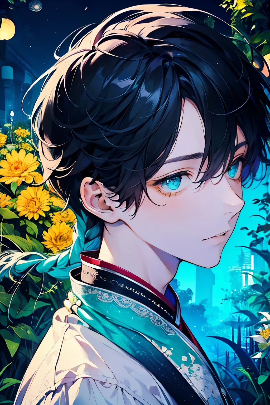 ((17years old man:1.2)),tazune rirei, masterpiece, best quality, braid hair, black hair, (portrait), shiny aqua eyes, white hanfu dress, garden, bokeh, outdoors, embarrassed,(close mouth), perfect hands,(yellow),looking front