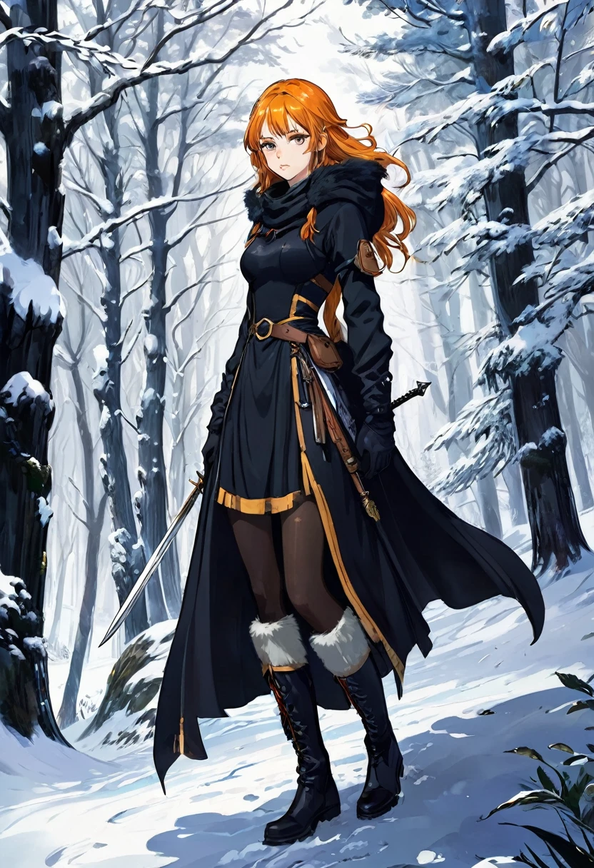 20 year old girl, stern and focused yellow golden eyes, waist length orange haired, 164 cm tall, military style calf length black dress with long sleeves, fleece lined black opaque pantyhose, combat boots, gloved hands, fur lined medieval cloak with hood, standing, fantasy northern snow forest background, holding a longsword, anime girl fantasy style, anime 2d