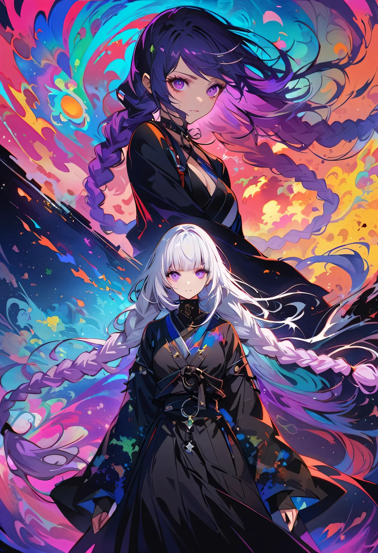 realist, (masterpiece, top quality, best quality, official art, beauty, Atmospheric, cosmic, Gothic, Psychedelic, dreamlike, fear, Tokyo Ghoul and Devil May Cry style: 1.2), Very detailed, fractal art, Gorgeous, More detail, Zentangle, (abstract background: 1.5) ( Chico: 1.3), 2 girls Looking back over shoulder, yinji, purple hair, purple eyes, long hair, white hair, double braids, gradient hair, Japanese folk style