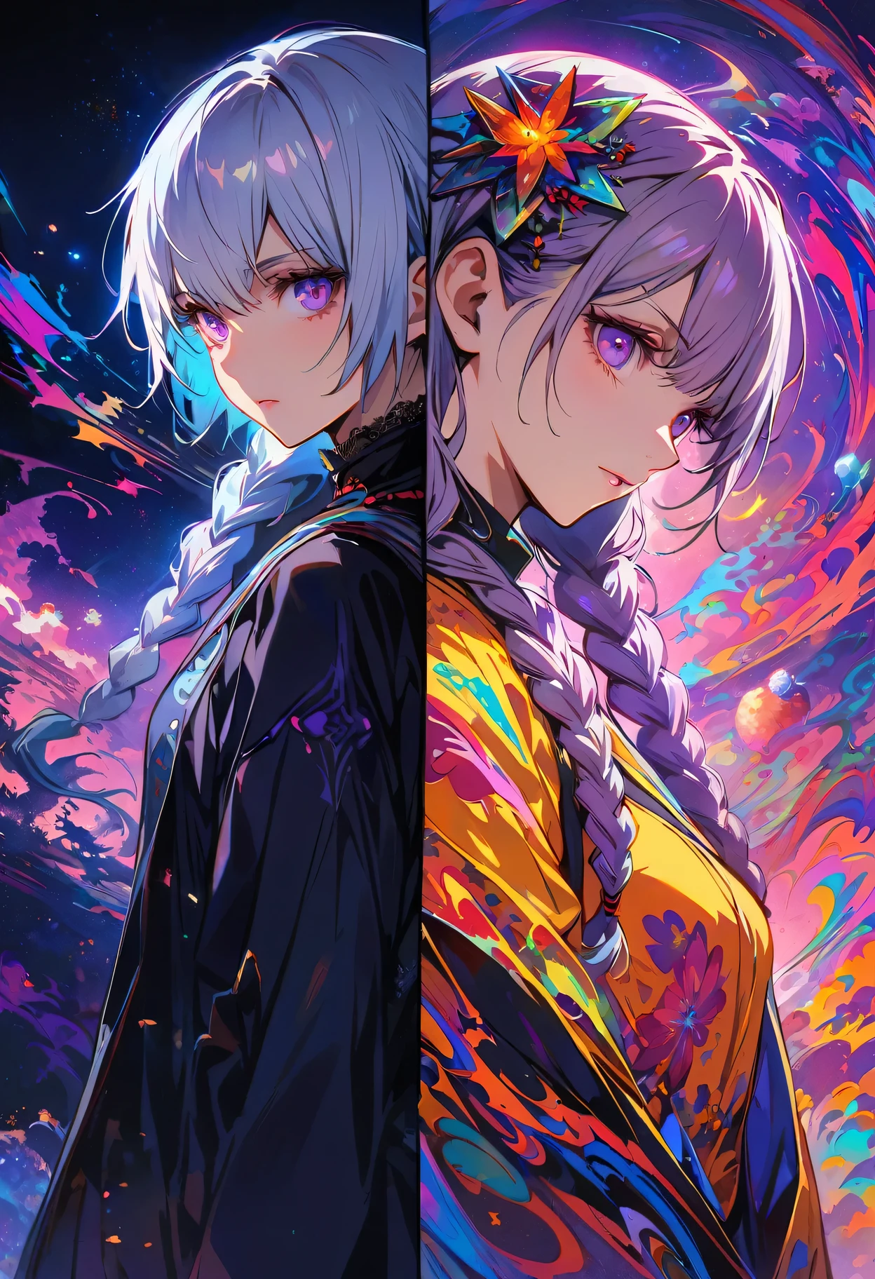 realist, (masterpiece, top quality, best quality, official art, beauty, Atmospheric, cosmic, Gothic, Psychedelic, dreamlike, fear, Tokyo Ghoul and Devil May Cry style: 1.2), Very detailed, fractal art, Gorgeous, More detail, Zentangle, (abstract background: 1.5) ( Chico: 1.3), Kaneki Ken(Kaneki Ken),(girl and man Back-to-back), yinji, purple hair, purple eyes, long hair, white hair, double braids, gradient hair, Japanese folk style