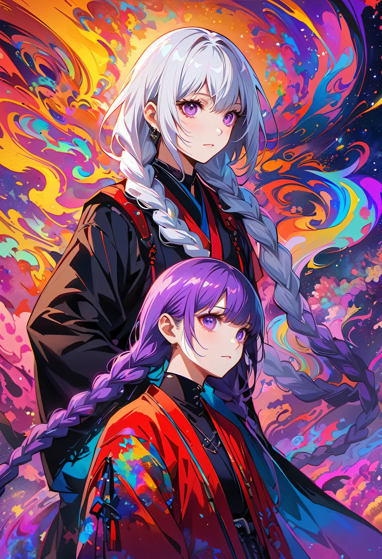 realist, (masterpiece, top quality, best quality, official art, beauty, Atmospheric, cosmic, Gothic, Psychedelic, dreamlike, fear, Tokyo Ghoul and Devil May Cry style: 1.2), Very detailed, fractal art, Gorgeous, More detail, Zentangle, (abstract background: 1.5) ( Chico: 1.3), Kaneki Ken(Kaneki Ken),(girl and man Back-to-back), yinji, purple hair, purple eyes, long hair, white hair, double braids, gradient hair, Japanese folk style
