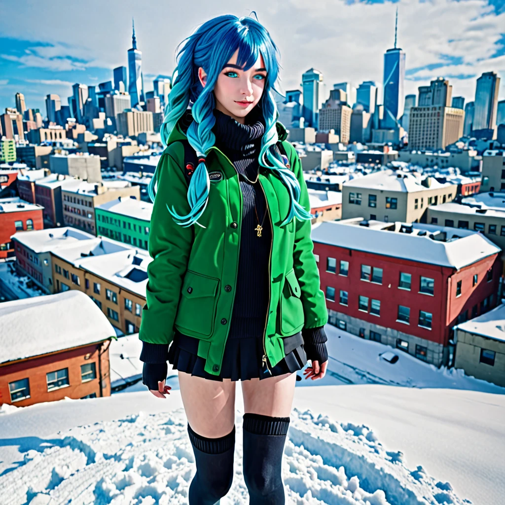 best quality,ultra high res,1girl,solo,full body,snow,city,, blue hair,green eyes,jk,,