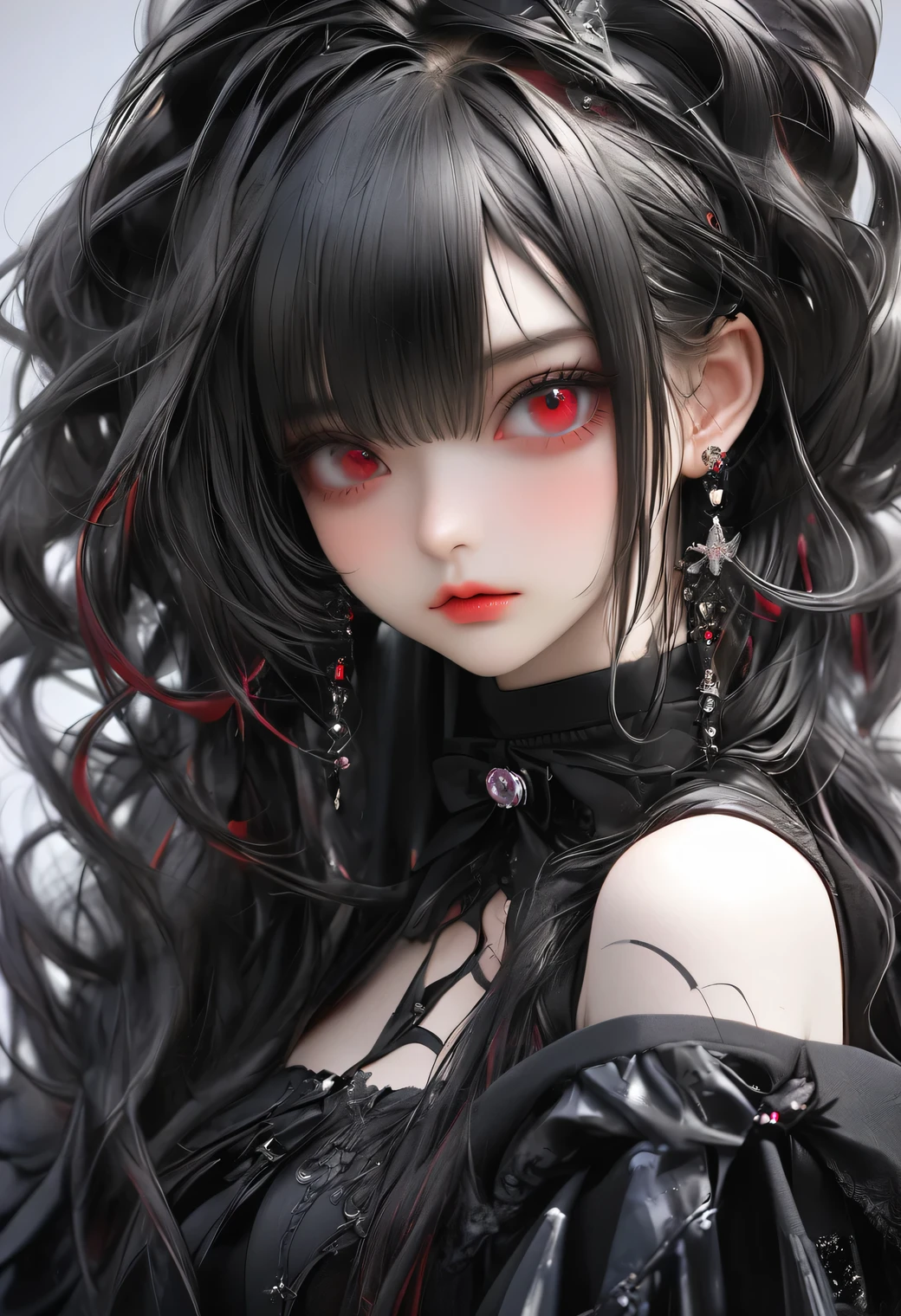 raw photo:1.2, masterpiece, highest quality, 16k, unbelievably absurd, very detailed, perfect beauty, (gothic atelier), beautiful cute girl, in a beautiful pose, shiny jet black hair, modern sauvage bob hair, through bangs, droopy eyes, look down, red eyes, Traces of black tears, vibrant colors, raw photo, portrait,
