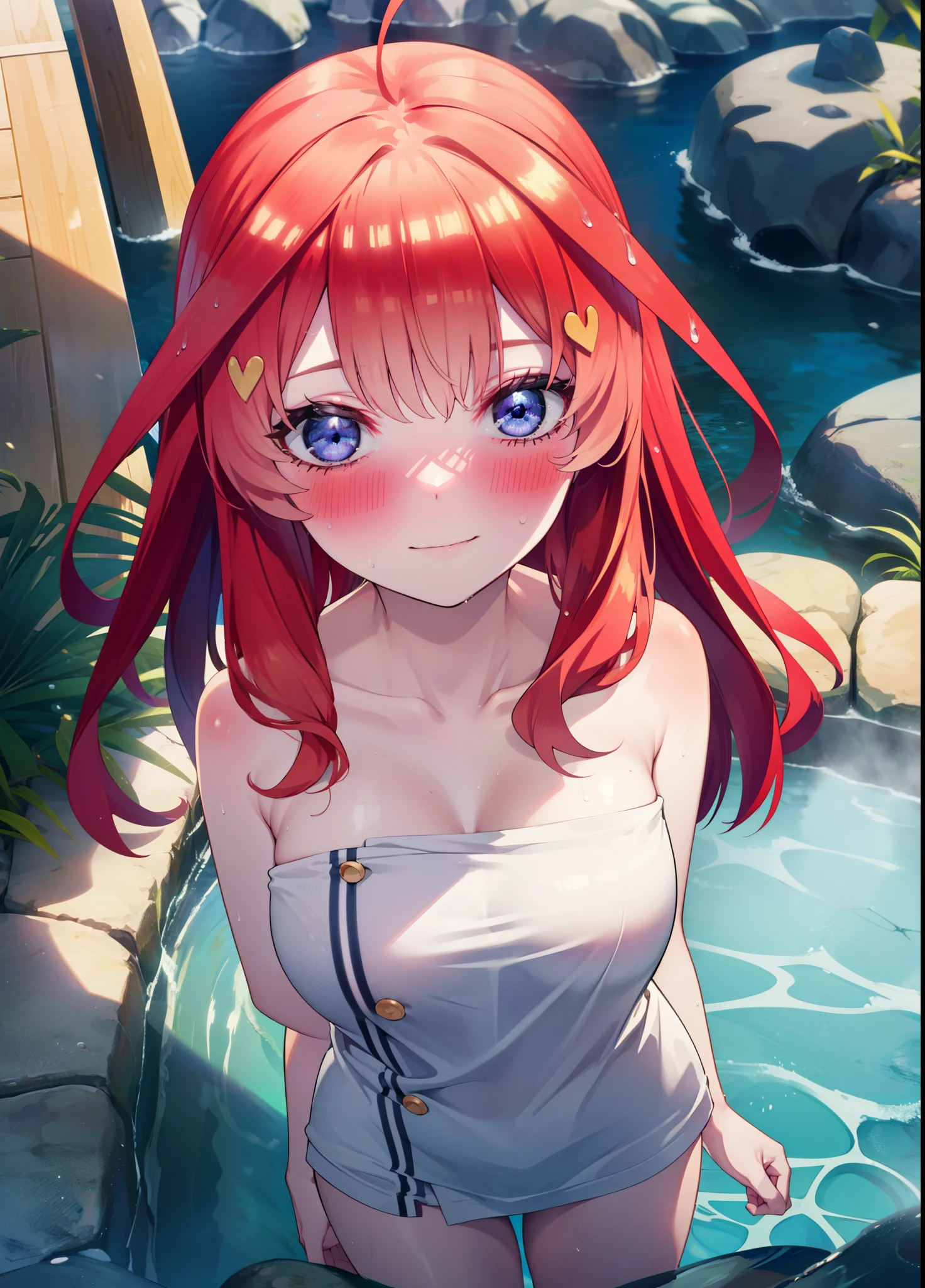 itsukinakano, Itsuki Nakano, bangs, blue eyes, Hair between the eyes, Ahoge, Redhead, smile,Big Breasts,Naked Towel,
blush,smile, Wet Hair,Wet towel,Wet Naked,Open your mouth,Damp Hair,Completely naked,barefoot,Cover one's naked body with a bath towel,moon光,night,moon,whole bodyがイラストに入るように,
break outdoors, Open-air bath,
break looking at viewer, whole body,
break (masterpiece:1.2), highest quality, High resolution, unity 8k wallpaper, (figure:0.8), (Beautiful fine details:1.6), Highly detailed face, Perfect lighting, Highly detailed CG, (Perfect hands, Perfect Anatomy),