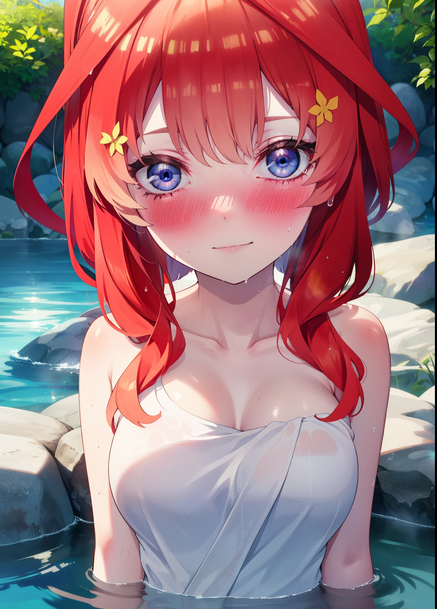 itsukinakano, Itsuki Nakano, bangs, blue eyes, Hair between the eyes, Ahoge, Redhead, smile,Big Breasts,Naked Towel,
blush,smile, Wet Hair,Wet towel,Wet Naked,Open your mouth,Damp Hair,Completely naked,barefoot,Cover one&#39;s naked body with a bath towel,moon光,night,moon,whole bodyがイラストに入るように,
break outdoors, Open-air bath,
break looking at viewer, whole body,
break (masterpiece:1.2), highest quality, High resolution, unity 8k wallpaper, (figure:0.8), (Beautiful fine details:1.6), Highly detailed face, Perfect lighting, Highly detailed CG, (Perfect hands, Perfect Anatomy),