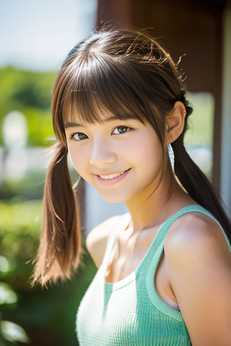 Lens 135mm f1.8, (highest quality),(RAW photo), , (Beautiful 16 year old Japanese girl), cute face, (deeply carved face:0.7), (freckles:0.6), ,dramatic , (japanese school (croptop) light_brown tanktop), (inside the school), shy, low twintails, , (smile),, (sparkling eyes)、(standing), (body forward), Facing forward、