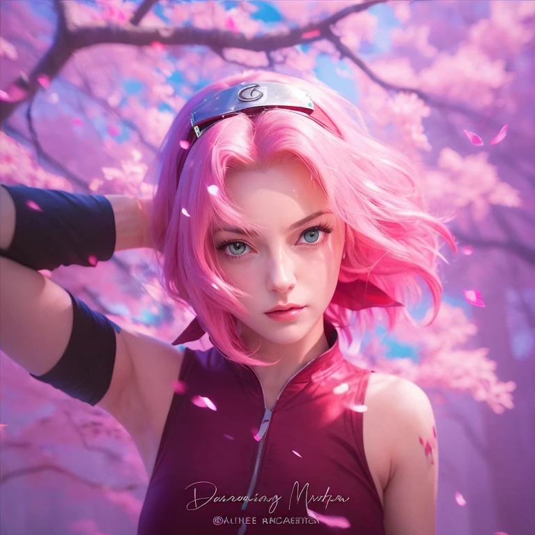 young woman, short shoulder-length pink hair, wide forehead, porcelain skin, pink eyebrows, big emerald green eyes, buttoned nose, full lips, heart-shaped face, slender body, small breasts, red tank top, Sakura Haruno , realistic, realism, details, 3d, well detailed