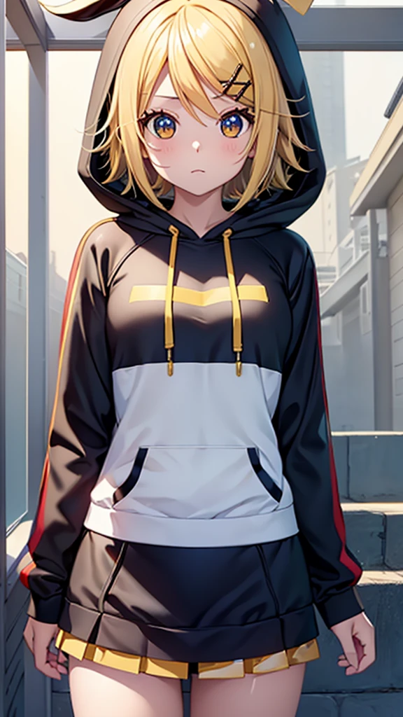 Kagamine rin , 1 girl , wearing a red hooded sweater , white miniskirt with gold horizontal lines , viendo al espectador , bragas visibles , rostro seductor ,(imagen de ultra alta calidad 8k ) obra maestra ( high-definition picture ) , maximum image resolution , ( detalles de la imagen bien definidos )