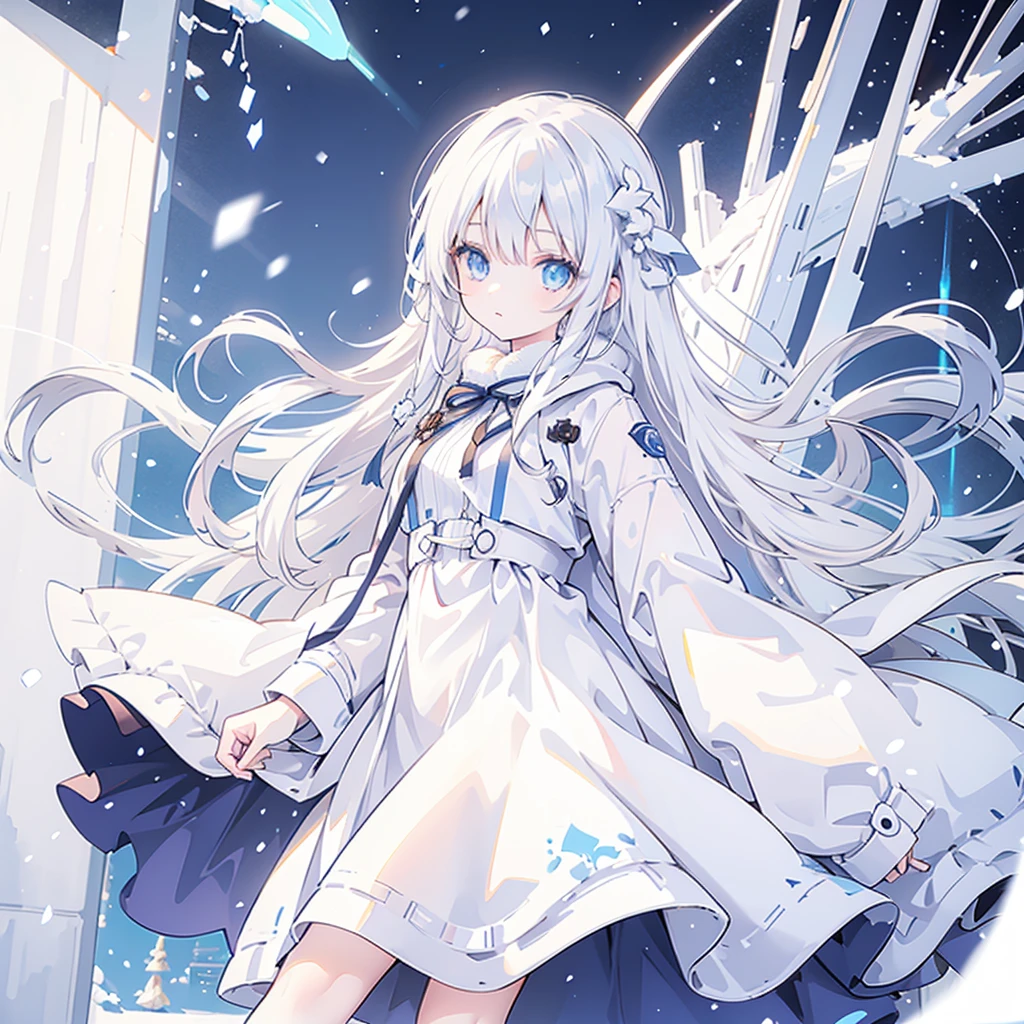 1girl, long white hair, blue eyes. wearing white coat, arctic area, snowing, nothern lights surrounding, 8k, look at viewer