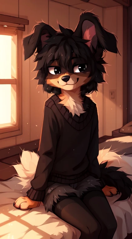  ((by reysi)),  Best quality, Super detailed illustration, Warm colors, Ideal lighting, (Fluffy dog boy:1.6), (black fur:1.5), disheveled thick hair, short shorts, long black stockings, black long sleeve sweater, in a cosy room, smug smile, tricky glance , femboy, Slim, perfect body,