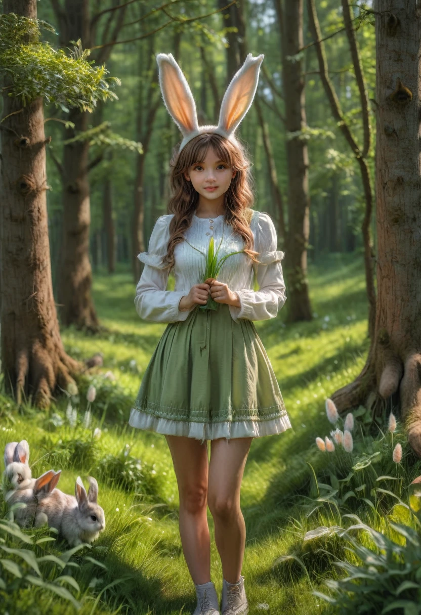 a cute girl with long fluffy rabbit ears, rabbit ears, bunny, green meadow, forest, photorealistic, highly detailed, 8k, (best quality,4k,8k,highres,masterpiece:1.2),ultra-detailed,(realistic,photorealistic,photo-realistic:1.37),HDR,UHD,studio lighting,extreme detail description,vivid colors,soft lighting,warm colors,natural environment