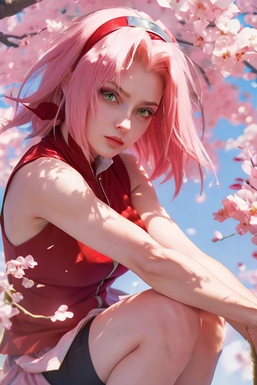 young woman, short shoulder-length pink hair, wide forehead, porcelain skin, pink eyebrows, big emerald green eyes, buttoned nose, full lips, heart-shaped face, slender body, small breasts, red tank top, Sakura Haruno , realistic, realism, details, 3d, well detailed
