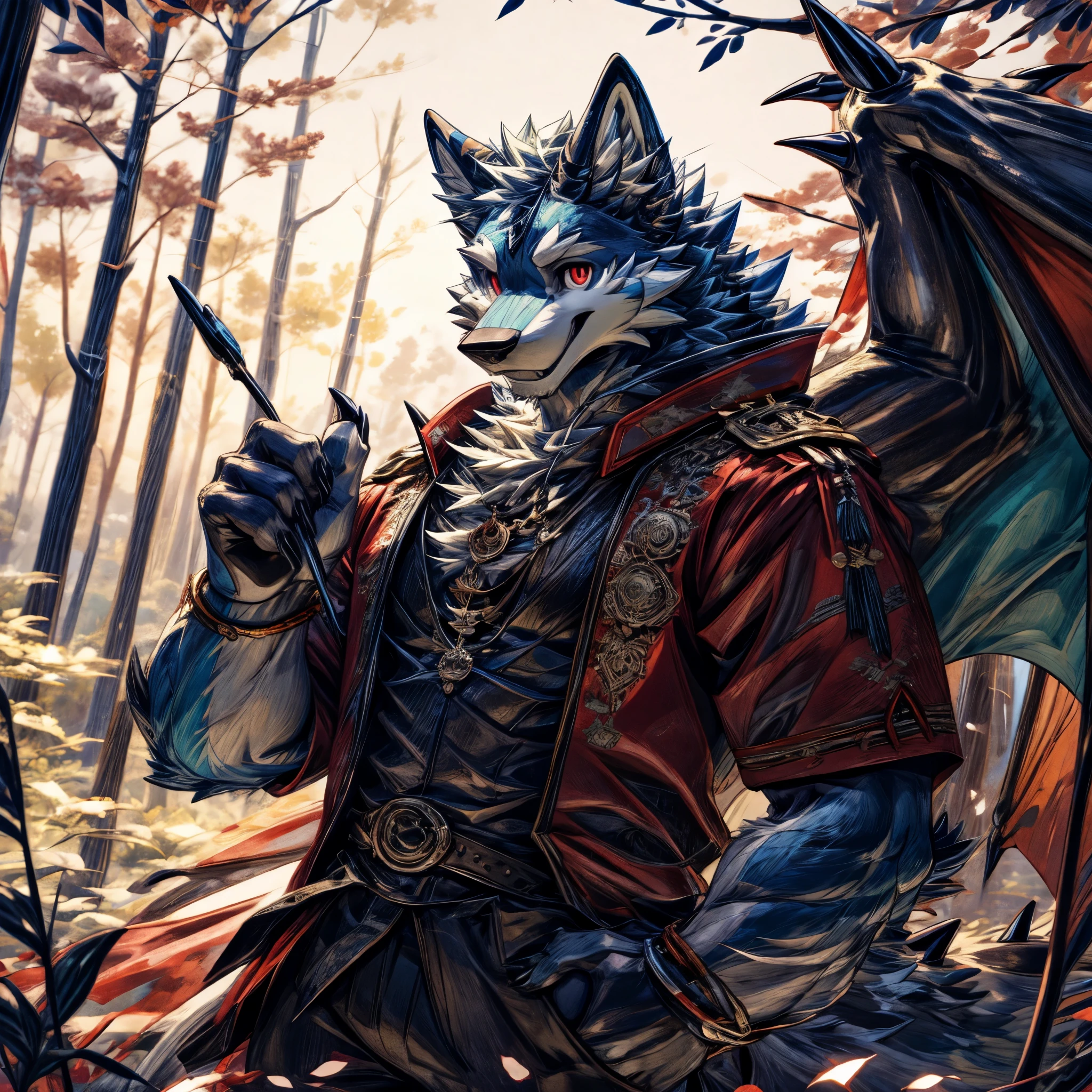 masterpiece,High quality,furry,one man,(dragon&wolf),(yellow&blue fur),red eye,open your mouth,(Whole body),smile,forest,perfect background