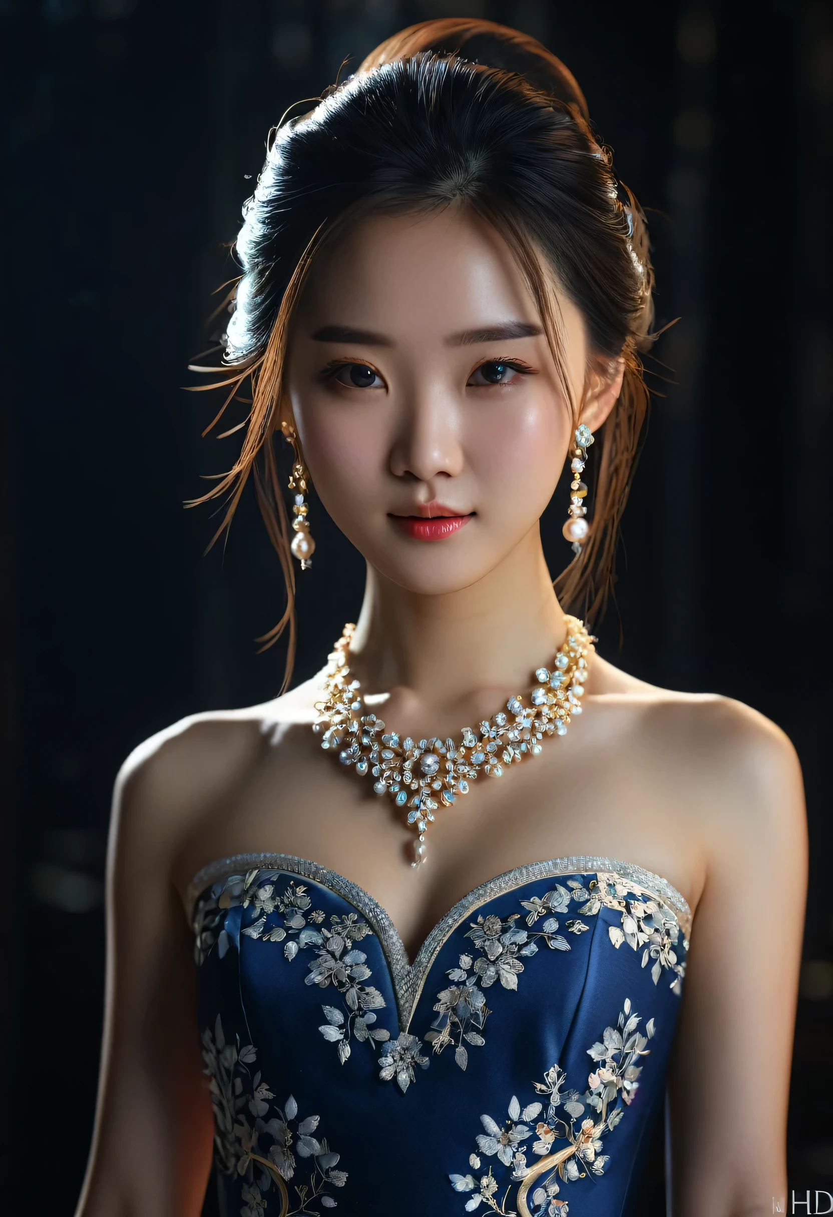 最high quality, masterpiece, High resolution, One girl,China dress,hair ornaments,necklace, jewelry,Beautiful Face,On top of that_body, Tyndall effect,Realistic, Dark studio, Rim Light, Two-tone lighting,(Skin with attention to detail:1.2), 8K Ultra HD, Digital SLR, Soft lighting, high quality, Volumetric lighting, Frank, photograph, High resolution, 4K, 8k, Bokeh,