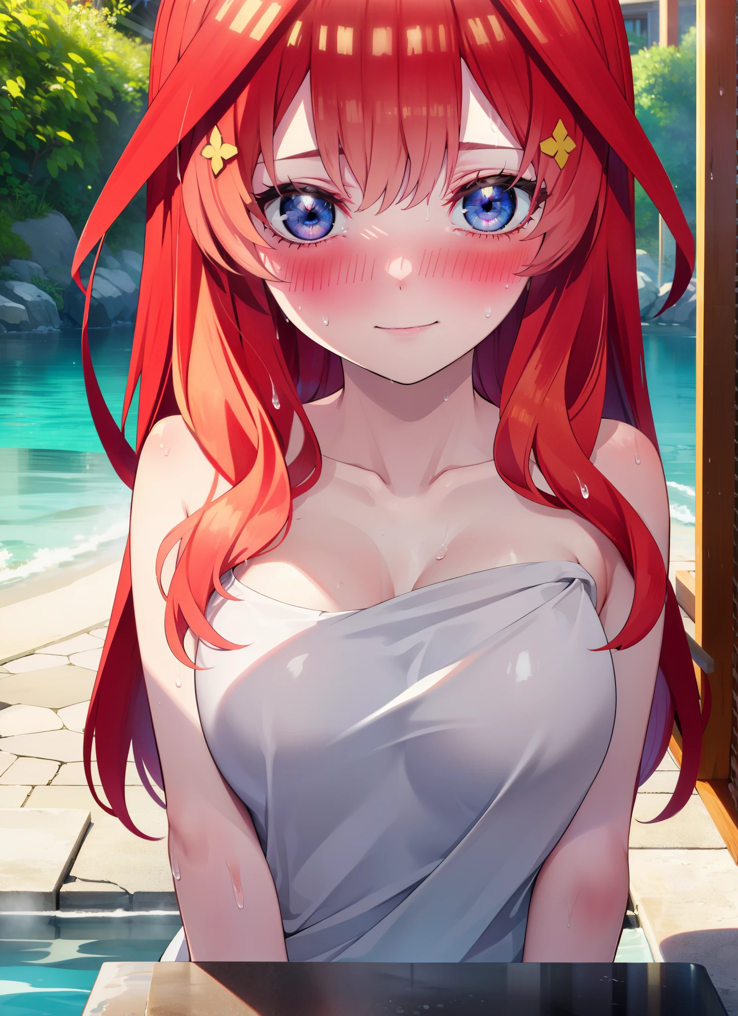 itsukinakano, Itsuki Nakano, bangs, blue eyes, Hair between the eyes, Ahoge, Redhead, smile,Big Breasts,Naked Towel,
blush,smile, Wet Hair,Wet towel,Wet Naked,Open your mouth,Damp Hair,Completely naked,barefoot,Cover one's naked body with a bath towel,moon光,night,moon,whole bodyがイラストに入るように,Sitting in the bath,
break outdoors, Open-air bath,
break looking at viewer, whole body,
break (masterpiece:1.2), highest quality, High resolution, unity 8k wallpaper, (figure:0.8), (Beautiful fine details:1.6), Highly detailed face, Perfect lighting, Highly detailed CG, (Perfect hands, Perfect Anatomy),