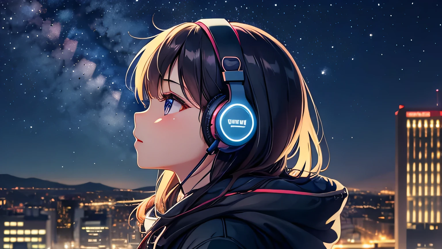Beautiful girl wearing headphones and looking up at the night sky Night view building profile