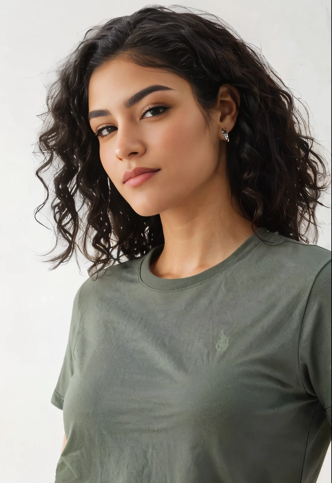 mulher arafada com cabelos cacheados vestindo uma camisa verde e brincos, Pele Oliva color, verde oliva, vestindo uma camiseta, Pele Oliva, close up profile view, vista lateral, verde silenciado, high angle close-up, weathered Pele Oliva, fechar o retrato, close face view, garota atraente, Retrato frontal, sage green, 3/4 vista lateral