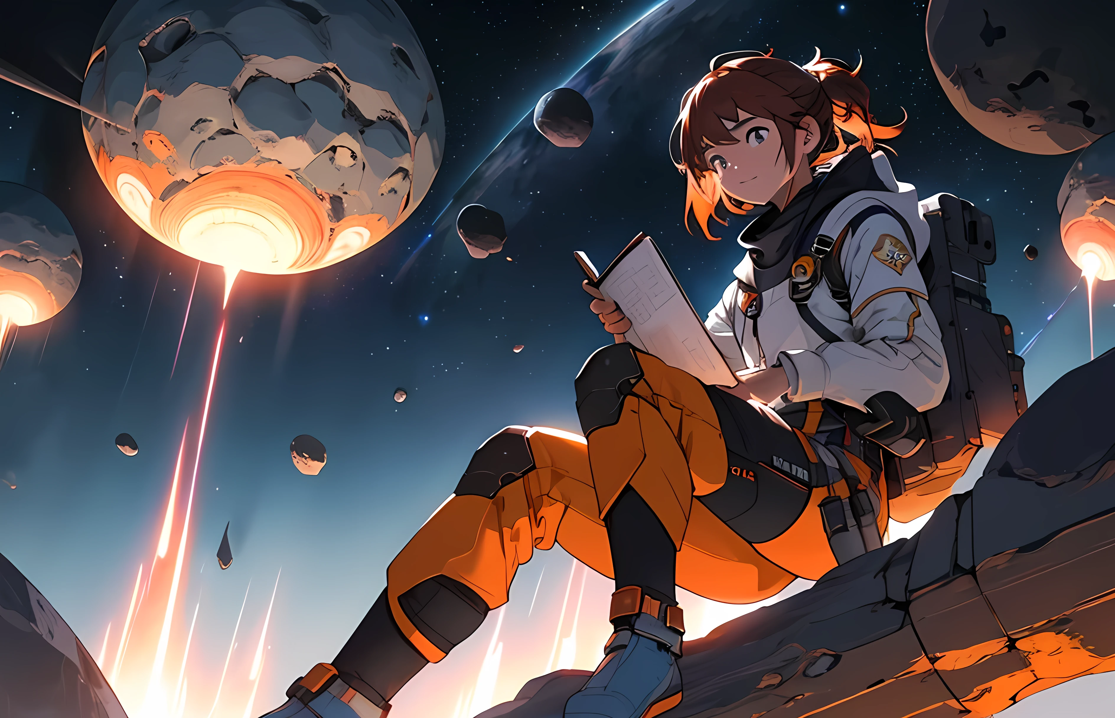 Draw a young girl, sitting on a research platform floating in the middle of an asteroid belt. She is studying with a notebook, surrounded by several asteroids glowing with fiery auras. Dramatic lighting from distant stars and planets illuminates the scene, casting deep shadows on the suit. The young woman looks confident and determined, looking at the vast and mysterious universe with wonder and respect,facial hair, cowboy shot,