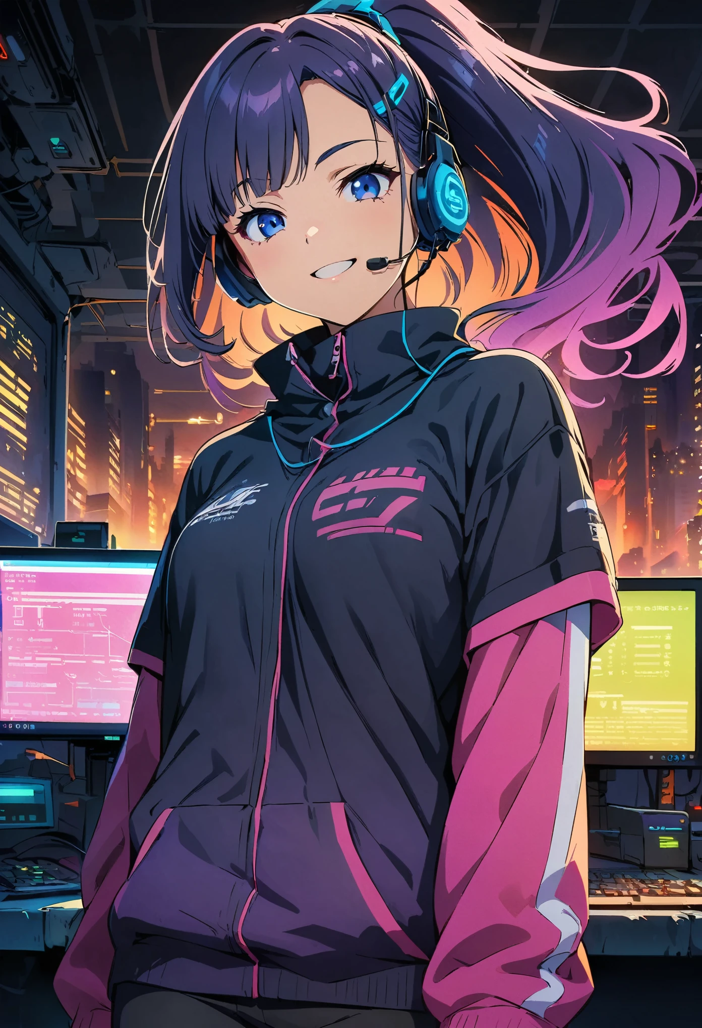 (highest quality:1.2, Very detailed, Anime Style, Digital Painting, Studio Anime, Ultra-high resolution, High Contrast, masterpiece:1.2, highest quality, Best aesthetics), 1 female, Neon City, Operation Roomの椅子に座っているピンク髪の女性, Long Hair, ponytail, Cyberpunk Anime, Cyberpunk Animeの女の子, Bodysuits, Casual wear, Neon Effect, Cyber City, headset, goggles, Detailed communication equipment, Operation Room, Complex communication network, As shown on the display々Information, Woman Turning Around, smile, Bright color palette, Studio Lighting, Wide-angle lens.