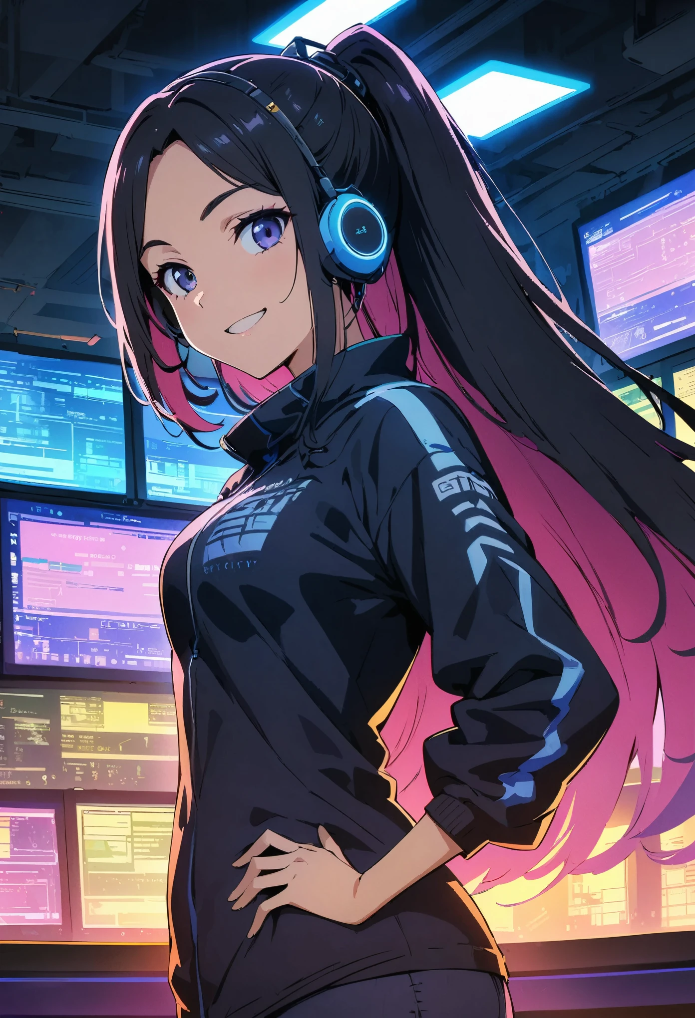 (highest quality:1.2, Very detailed, Anime Style, Digital Painting, Studio Anime, Ultra-high resolution, High Contrast, masterpiece:1.2, highest quality, Best aesthetics), 1 female, Neon City, Operation Roomの椅子に座っているピンク髪の女性, Long Hair, ponytail, Cyberpunk Anime, Cyberpunk Animeの女の子, Bodysuits, Casual wear, Neon Effect, Cyber City, headset, goggles, Detailed communication equipment, Operation Room, Complex communication network, As shown on the display々Information, Woman Turning Around, smile, Bright color palette, Studio Lighting, Wide-angle lens.