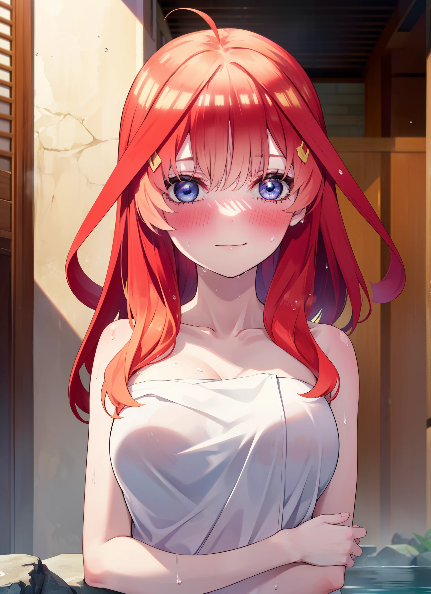 itsukinakano, Itsuki Nakano, bangs, blue eyes, Hair between the eyes, Ahoge, Redhead, smile,Big Breasts,Naked Towel,
blush,smile, Wet Hair,Wet towel,Wet Naked,Open your mouth,Damp Hair,Completely naked,barefoot,Cover one&#39;s naked body with a bath towel,moon光,night,moon,whole bodyがイラストに入るように,Sitting in the bath,Open-air bathから湯気がでている,Cloudy water,
break outdoors, Open-air bath,
break looking at viewer, whole body,
break (masterpiece:1.2), highest quality, High resolution, unity 8k wallpaper, (figure:0.8), (Beautiful fine details:1.6), Highly detailed face, Perfect lighting, Highly detailed CG, (Perfect hands, Perfect Anatomy),